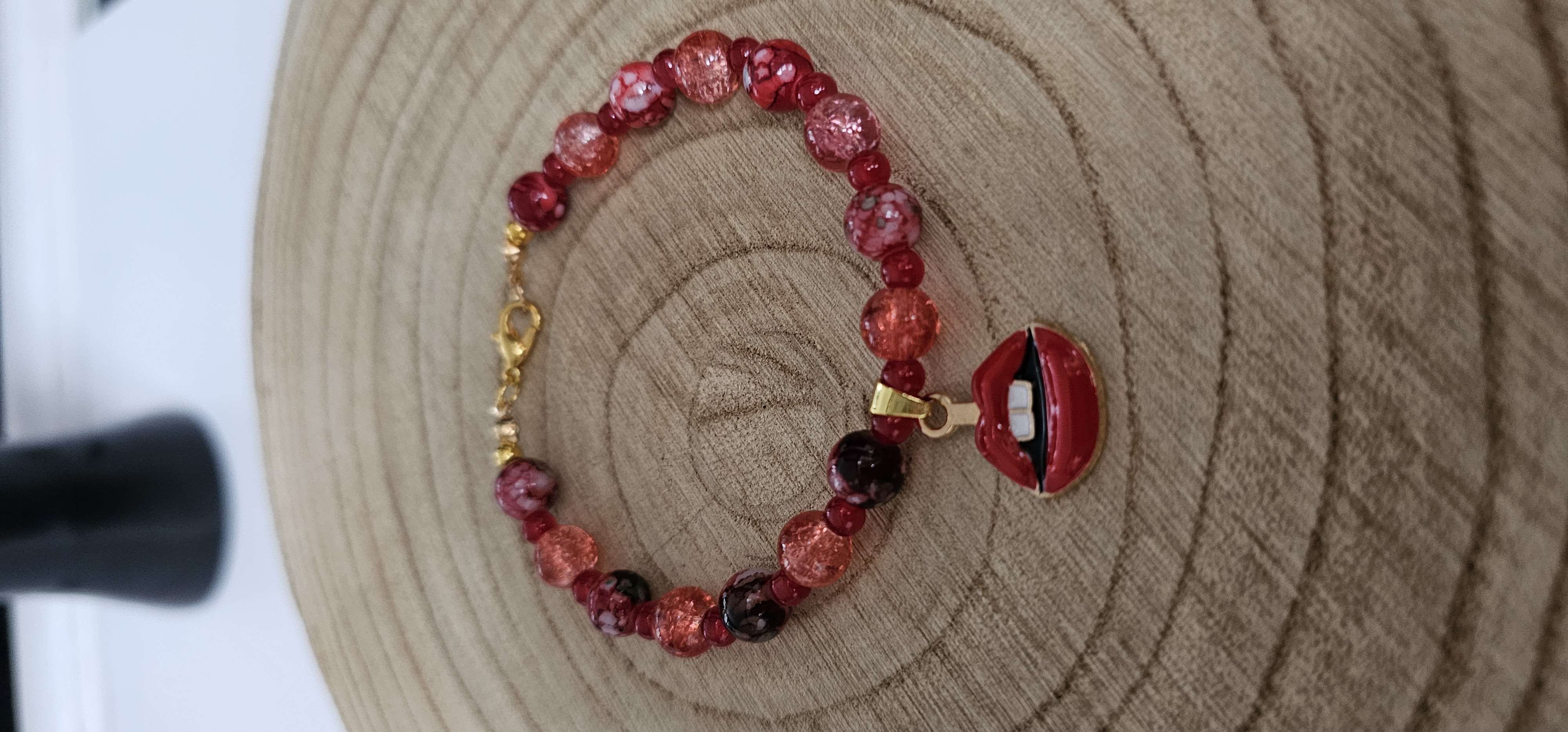 Red Beaded Bracelet with Lip Charm