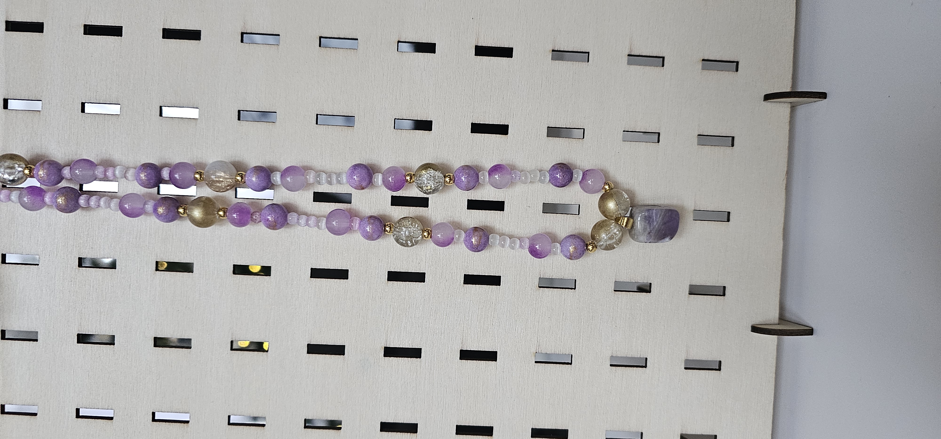 Purple and Gold Beaded Necklace with Purple Stone Pendant 