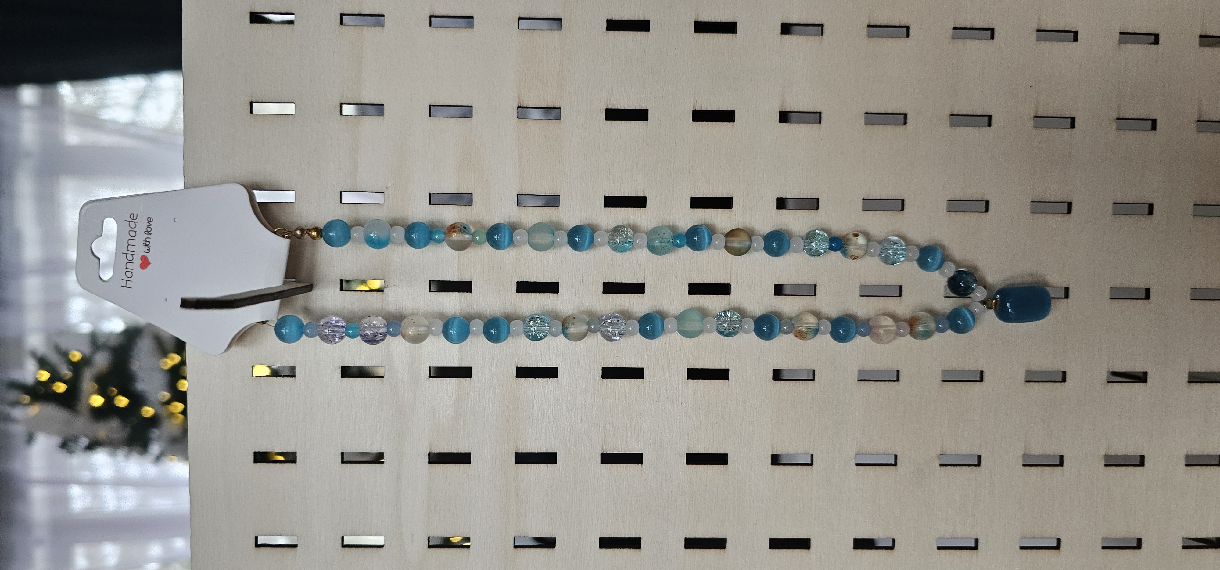 Blue and White Glass Bead Necklace with Blue Stone Pendant