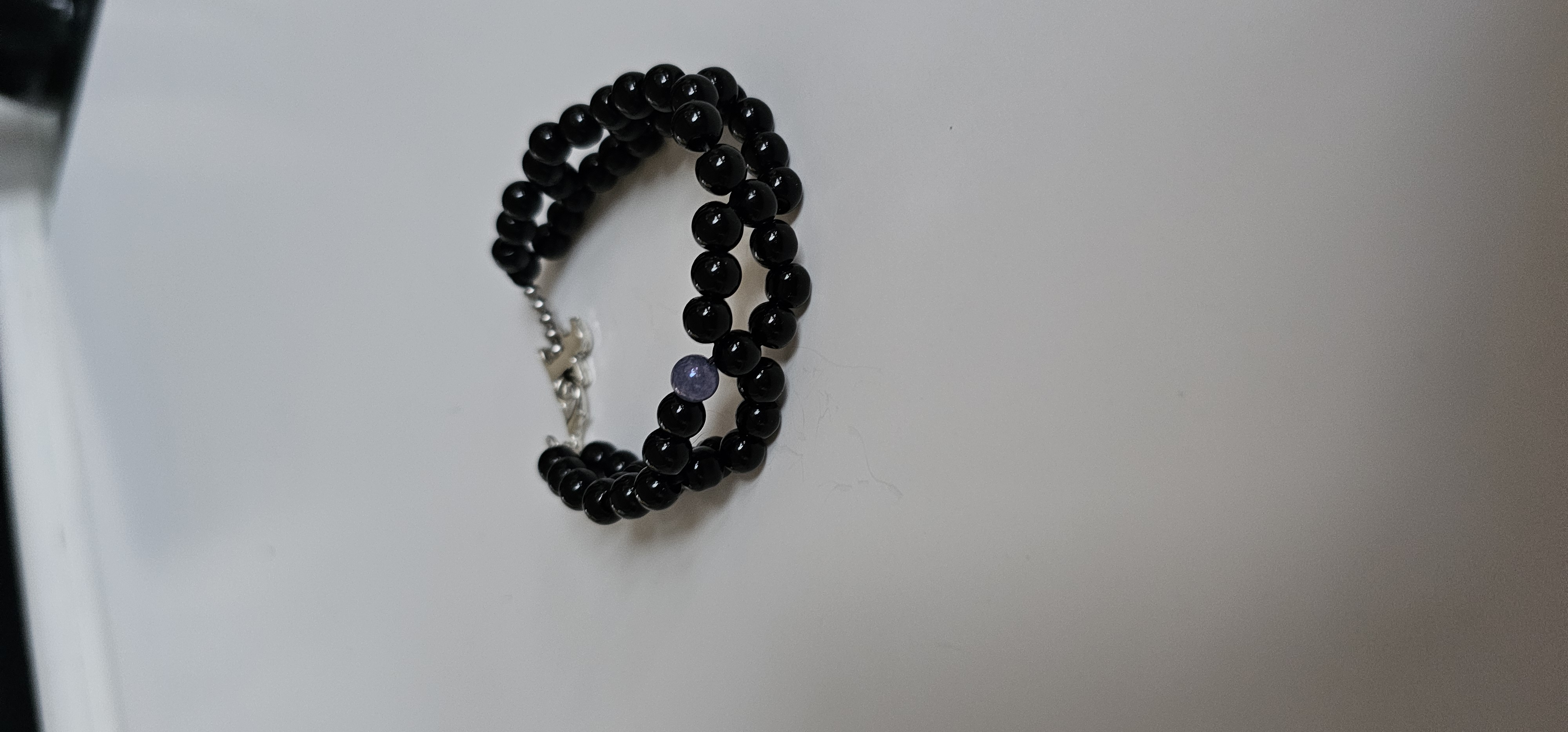Black Double Strand Beaded Bracelet with Cat Charm