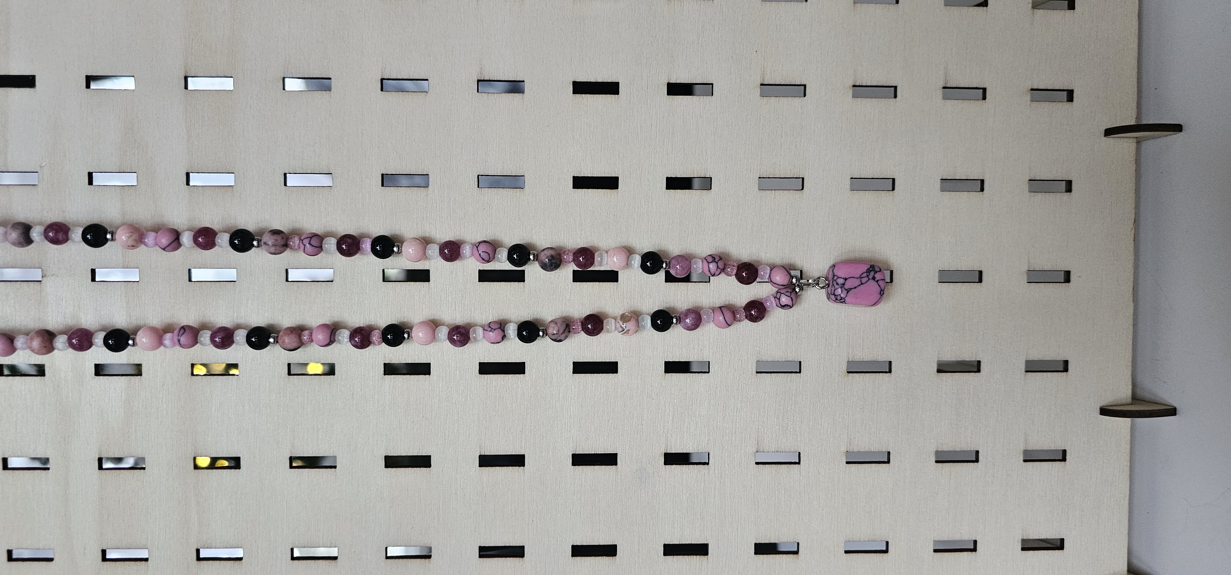 Pink Beaded Necklace with Pink Stone Pendant  