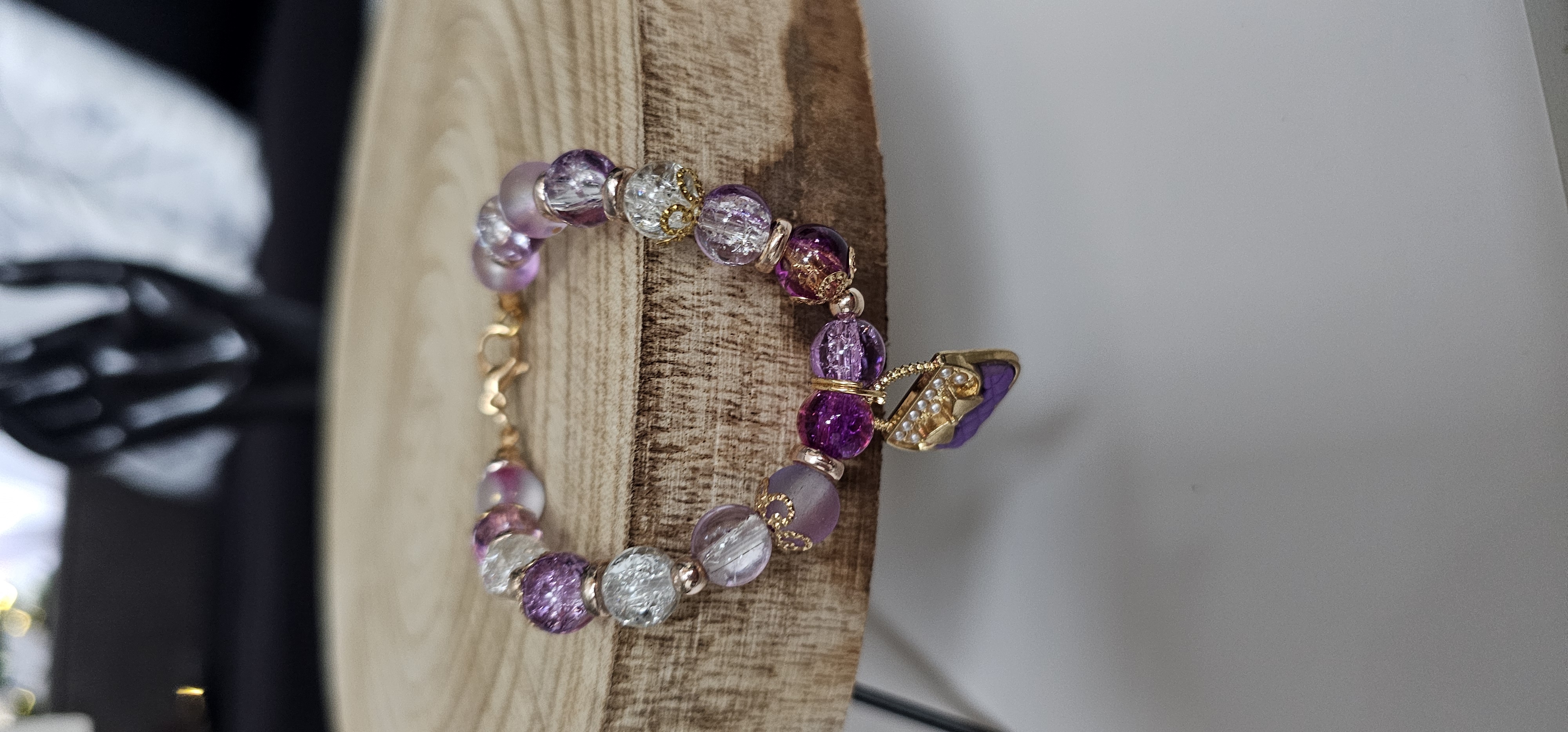 Purple and White Beaded Bracelet with Purse Charm