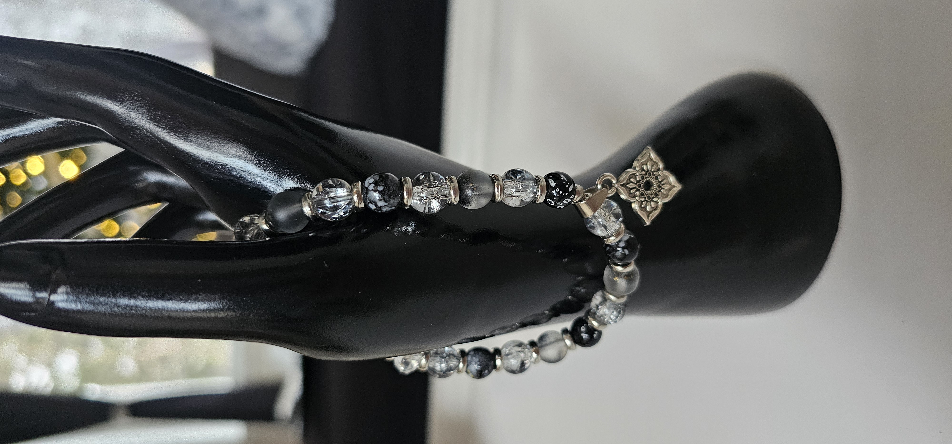 Silver Beaded Bracelet with Floral Charm 