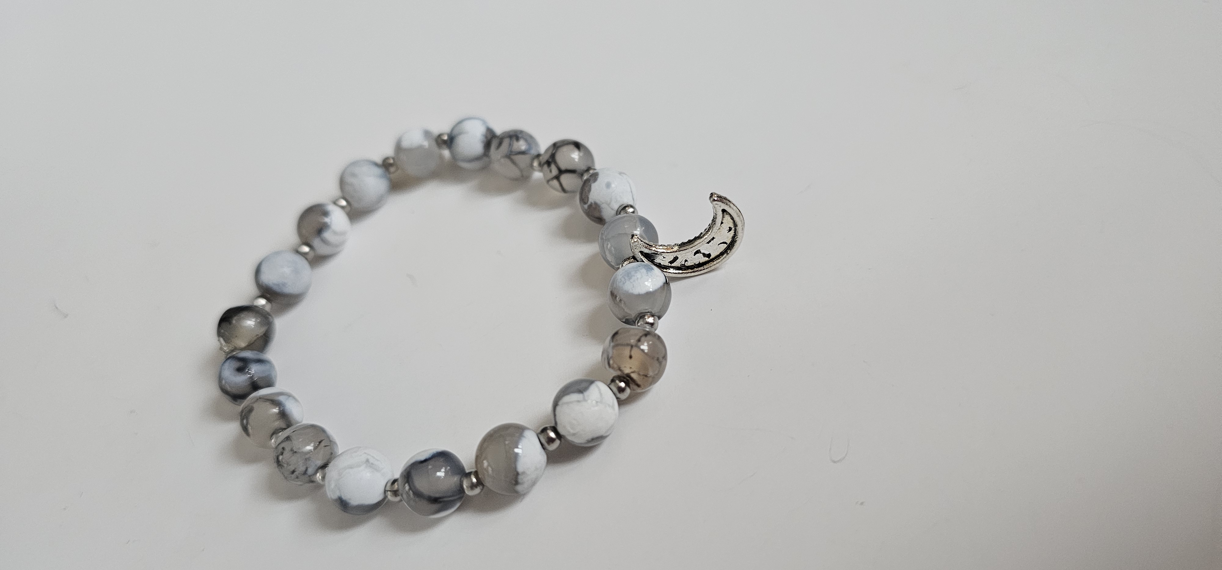 Marble Bead Bracelet with Crescent Moon Charm 