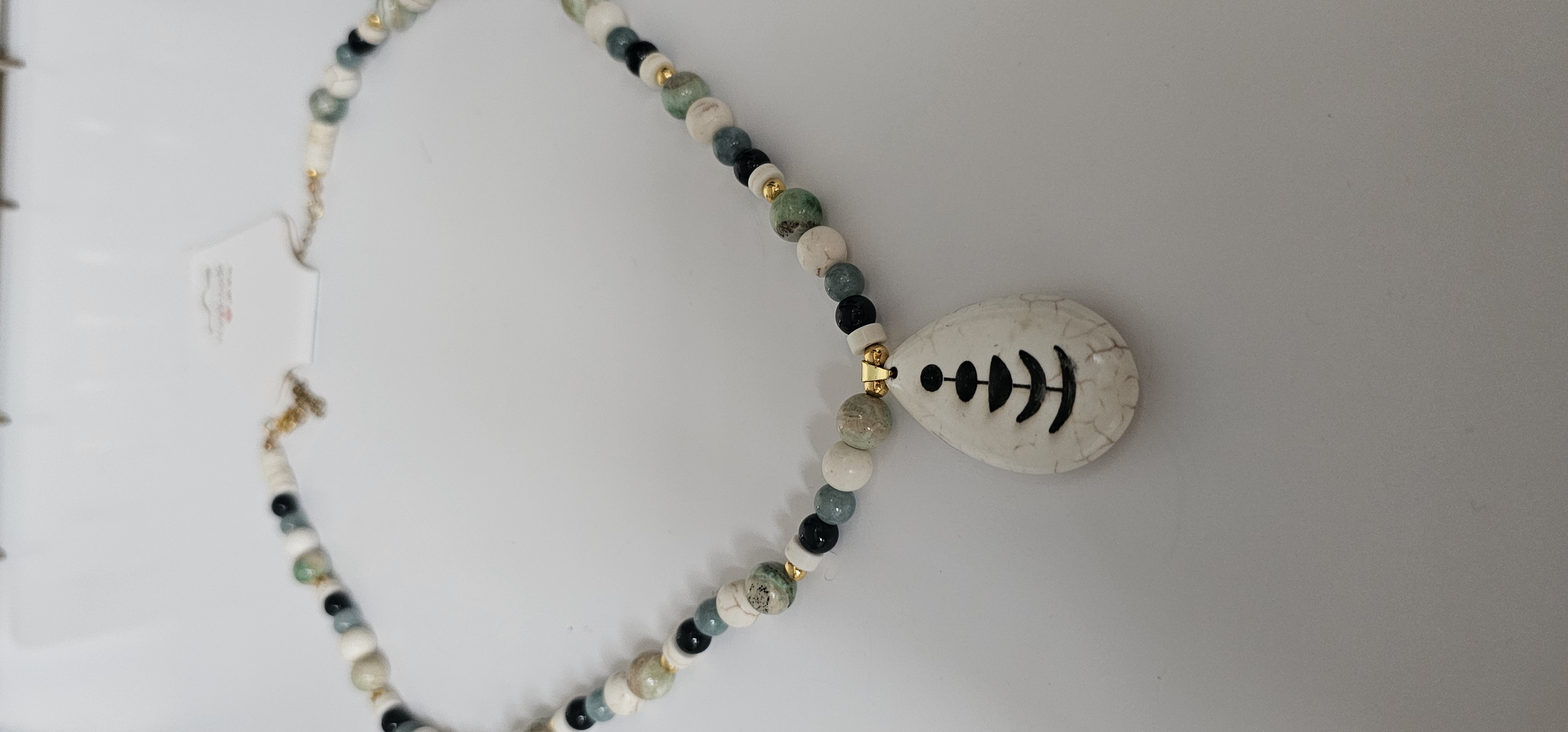 White Beaded Necklace with White Stone Pendant
