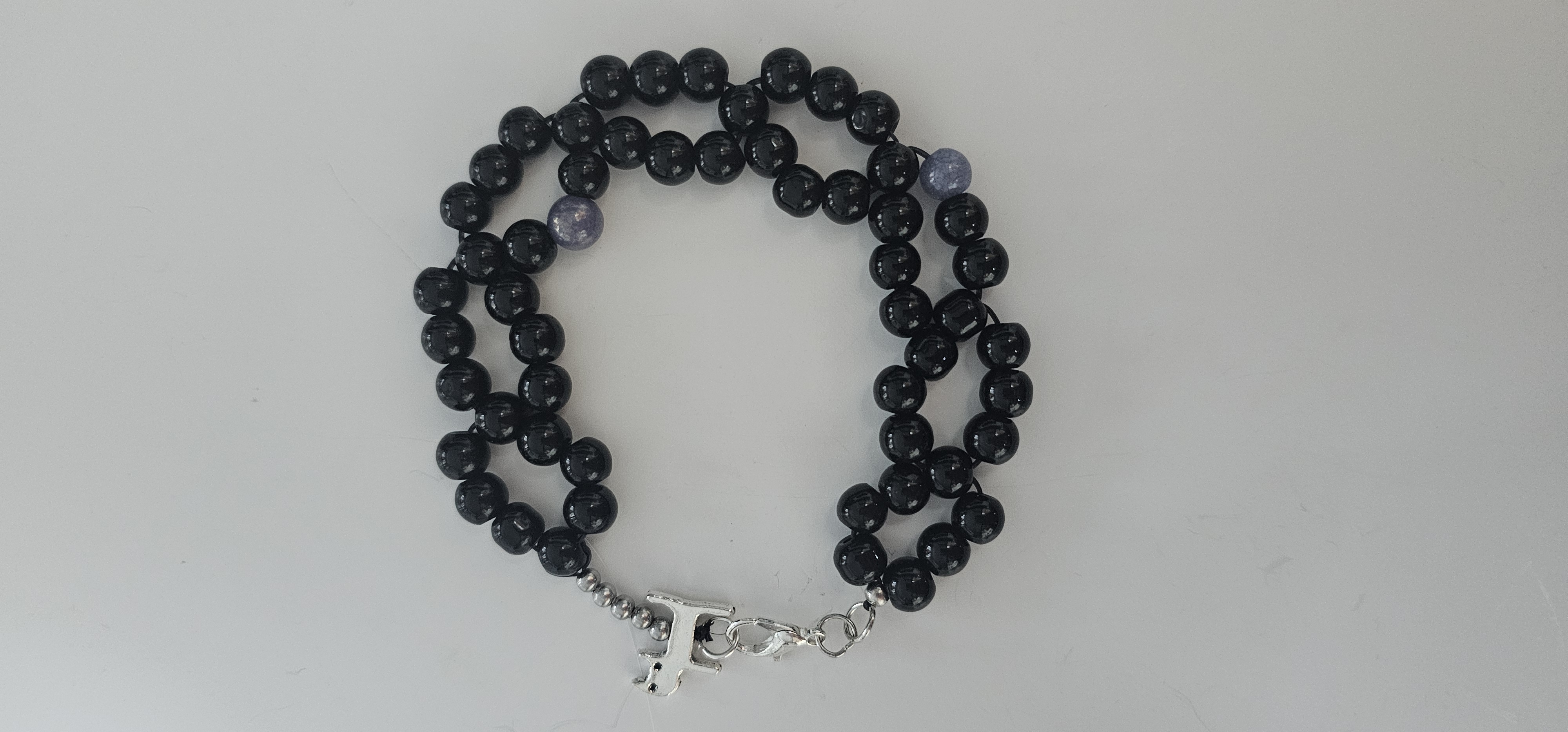 Black Double Strand Beaded Bracelet with Cat Charm