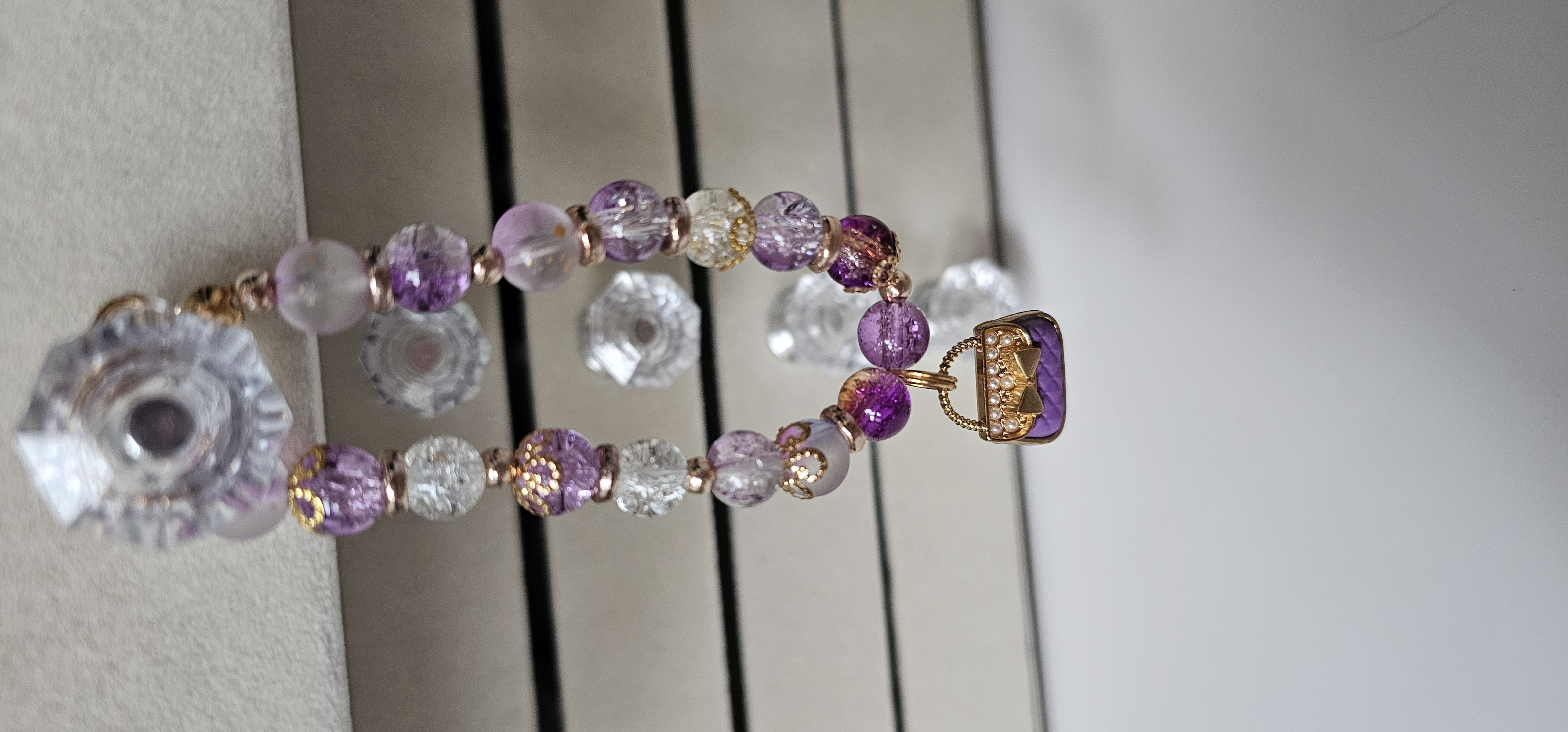 Purple and White Beaded Bracelet with Purse Charm