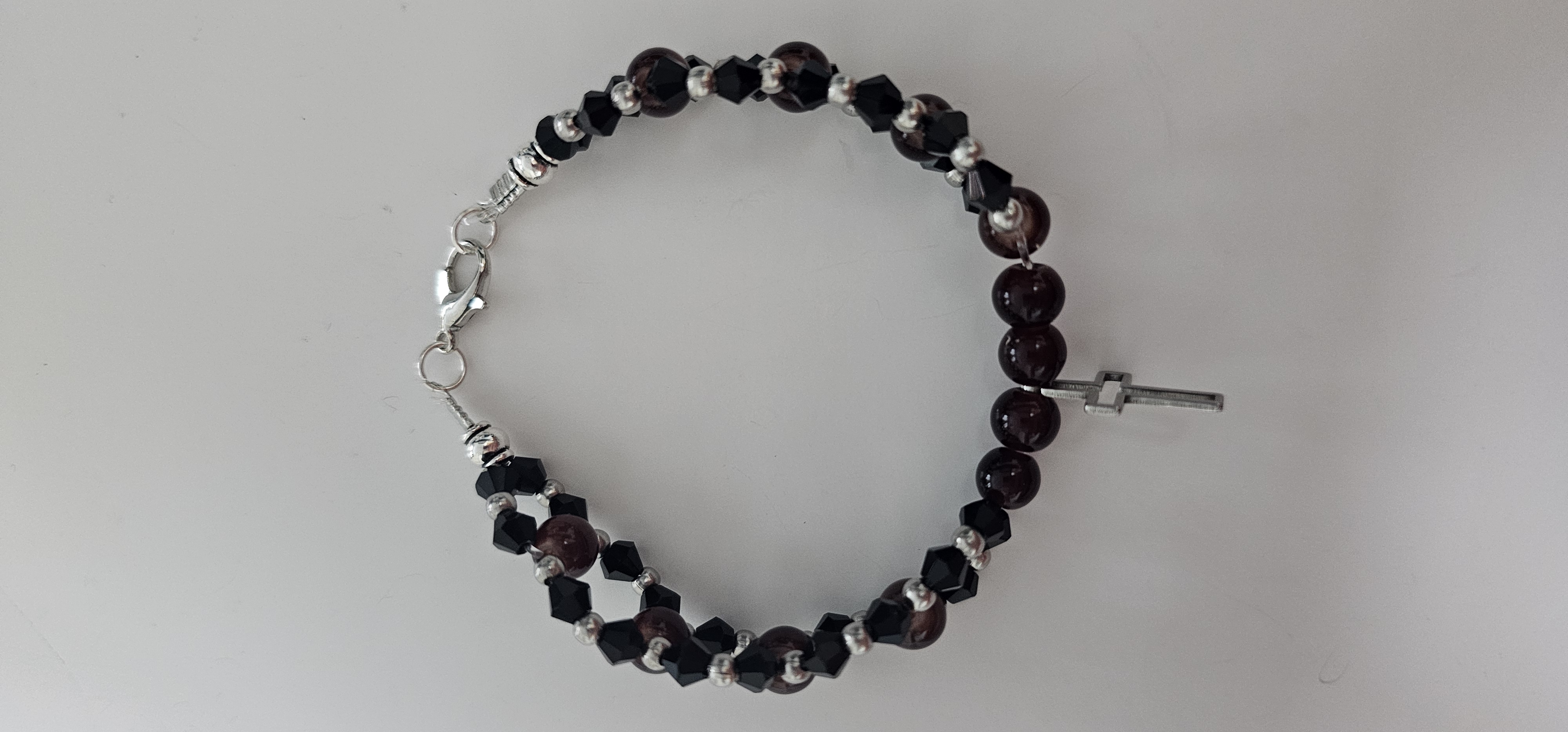 Black Beaded Double Stranded Bracelet with Cross Charm