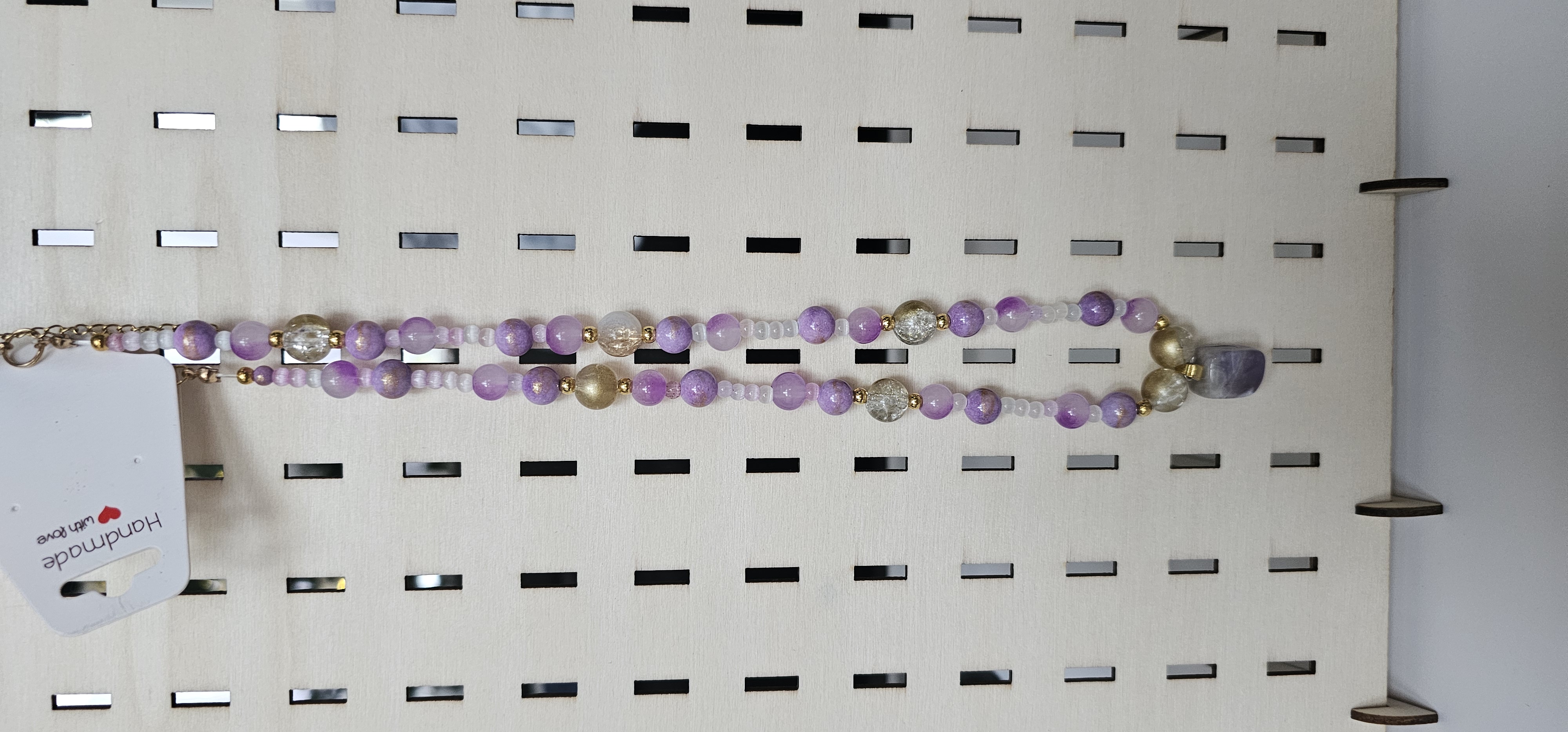 Purple and Gold Beaded Necklace with Purple Stone Pendant 