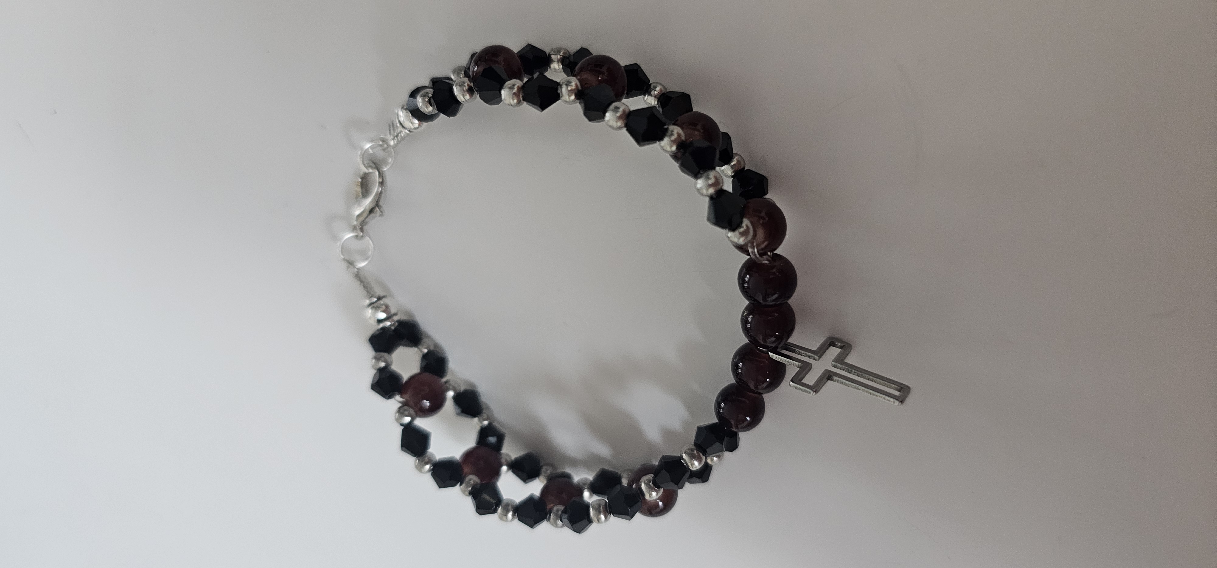 Black Beaded Double Stranded Bracelet with Cross Charm 