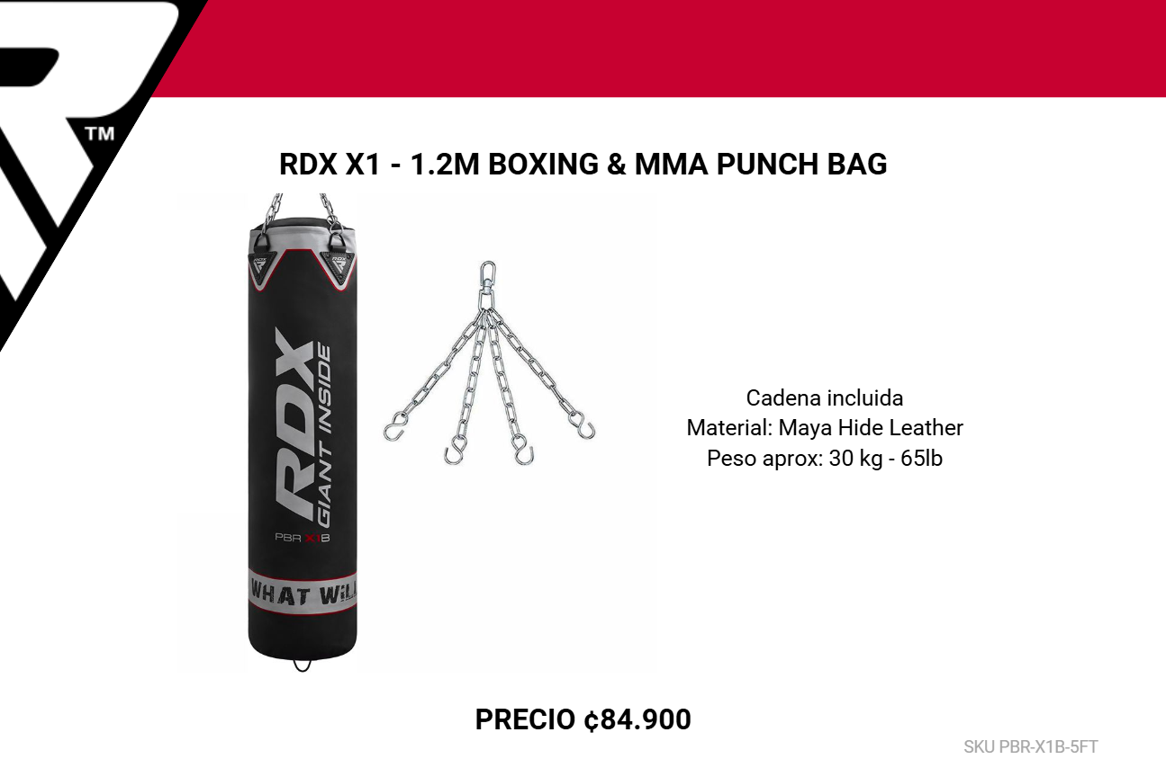 Saco de Boxeo Negro con Cadenas Cromadas (1.2M / 30kg y 1.5M / 40kg) RDX X1 Punch Bag PBR-X1B 