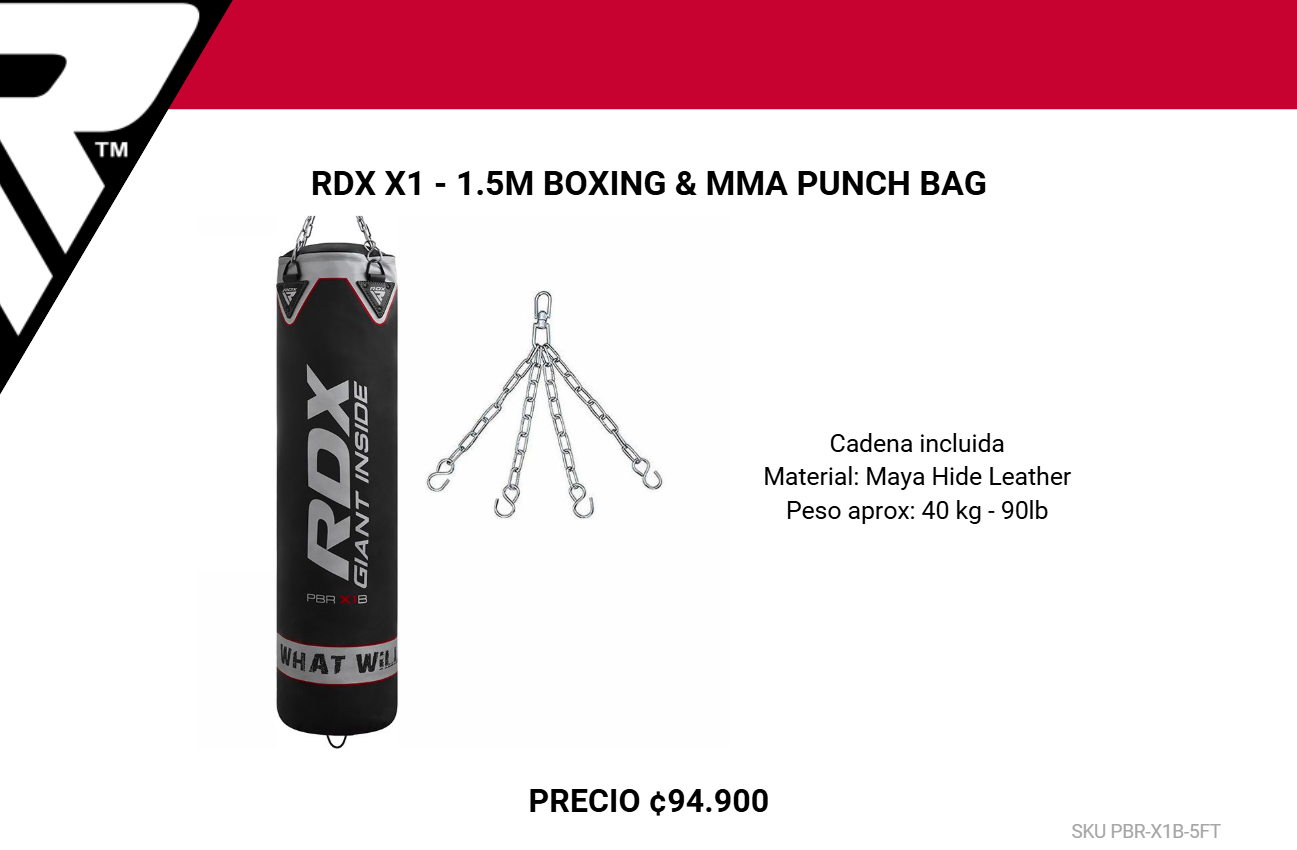 Saco de Boxeo Negro con Cadenas Cromadas (1.2M / 30kg y 1.5M / 40kg) RDX X1 Punch Bag PBR-X1B 