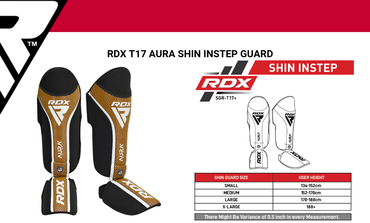 Espinilleras RDX T17 Aura SGR-T17  Protección Dorada para MMA y Muay Thai  Certificación CE y UKCA 