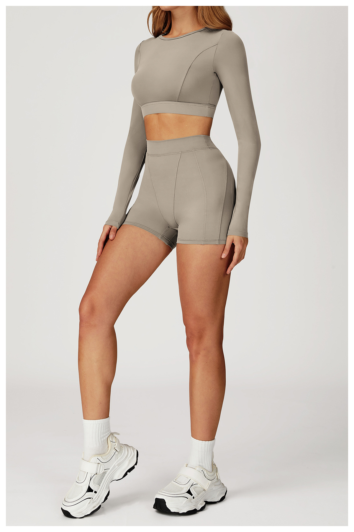 Long - Sleeve Crop Top & Shorts Yoga Set