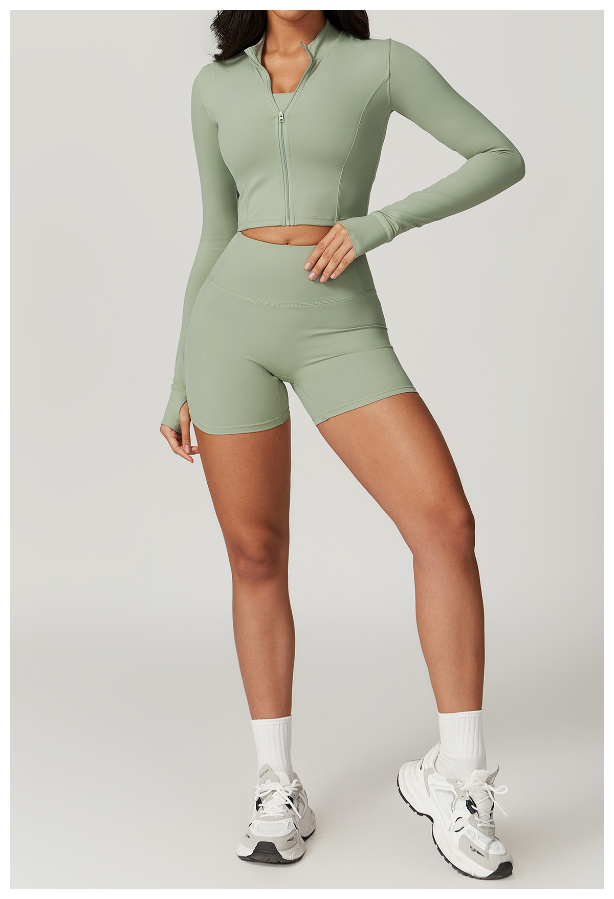 Women's 3 - Piece Long - Sleeve Jacket, Sports Bra & Shorts Active Set