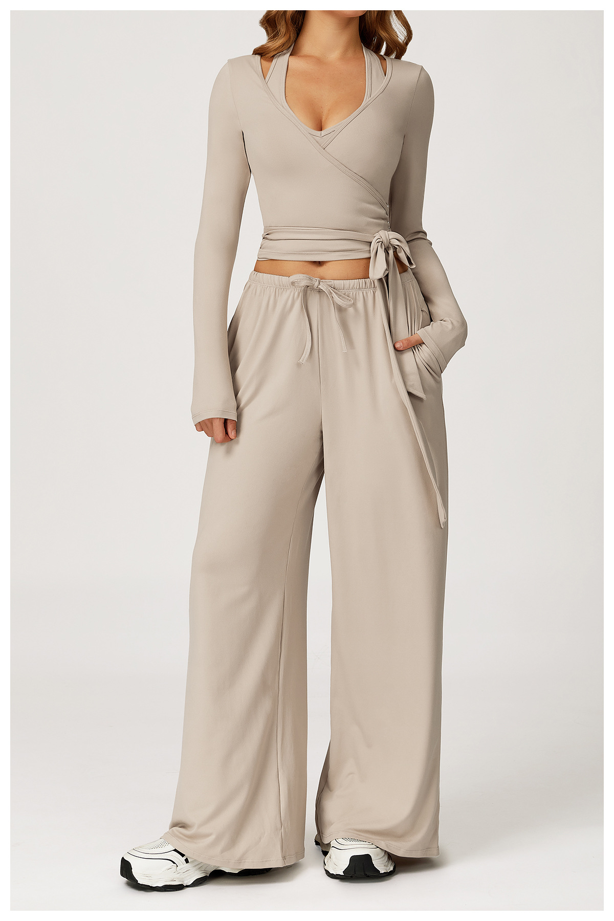 Wrap - Front Long - Sleeve Top & Wide - Leg Pants Set