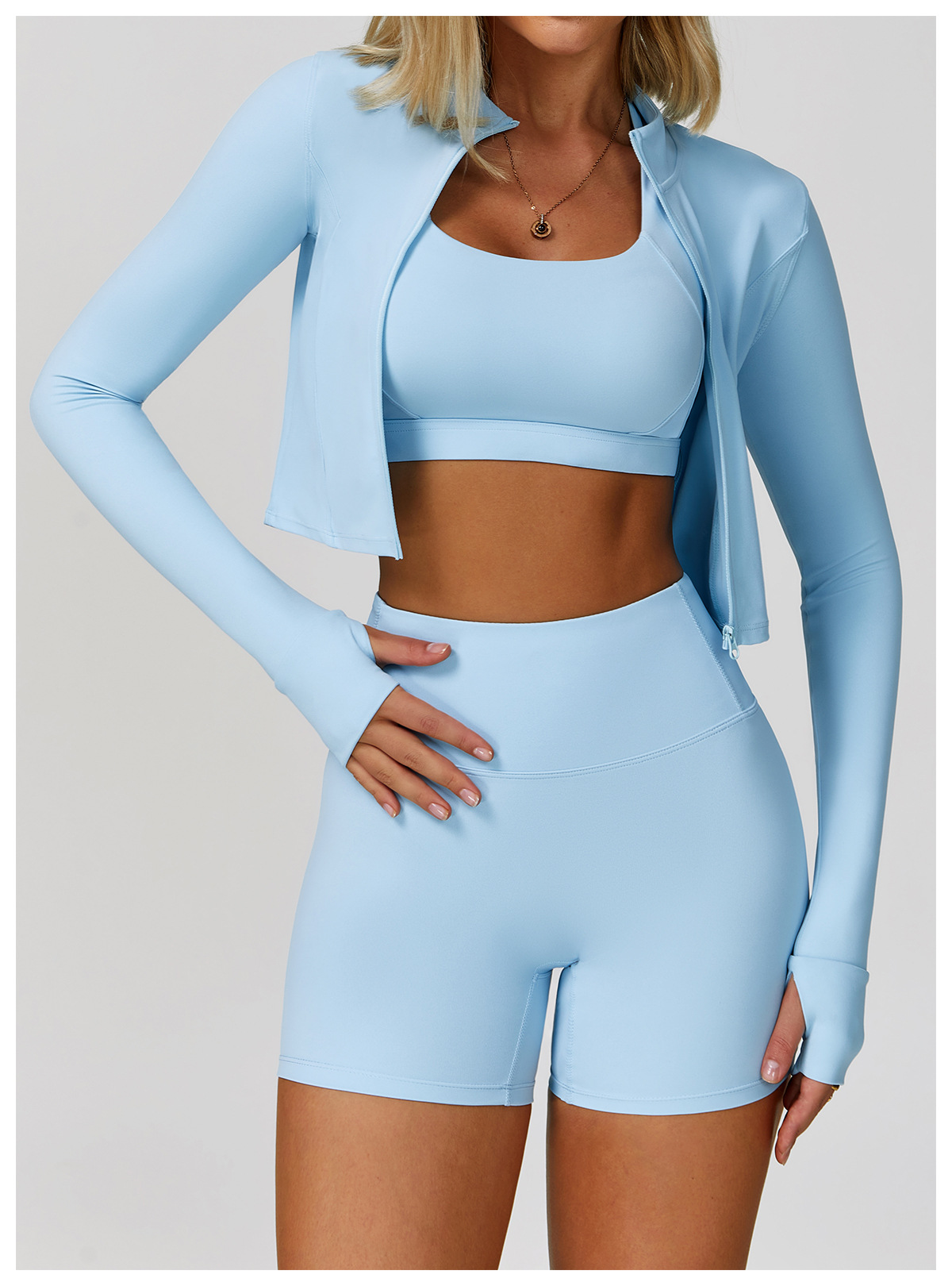 Women's 3 - Piece Long - Sleeve Jacket, Sports Bra & Shorts Active Set