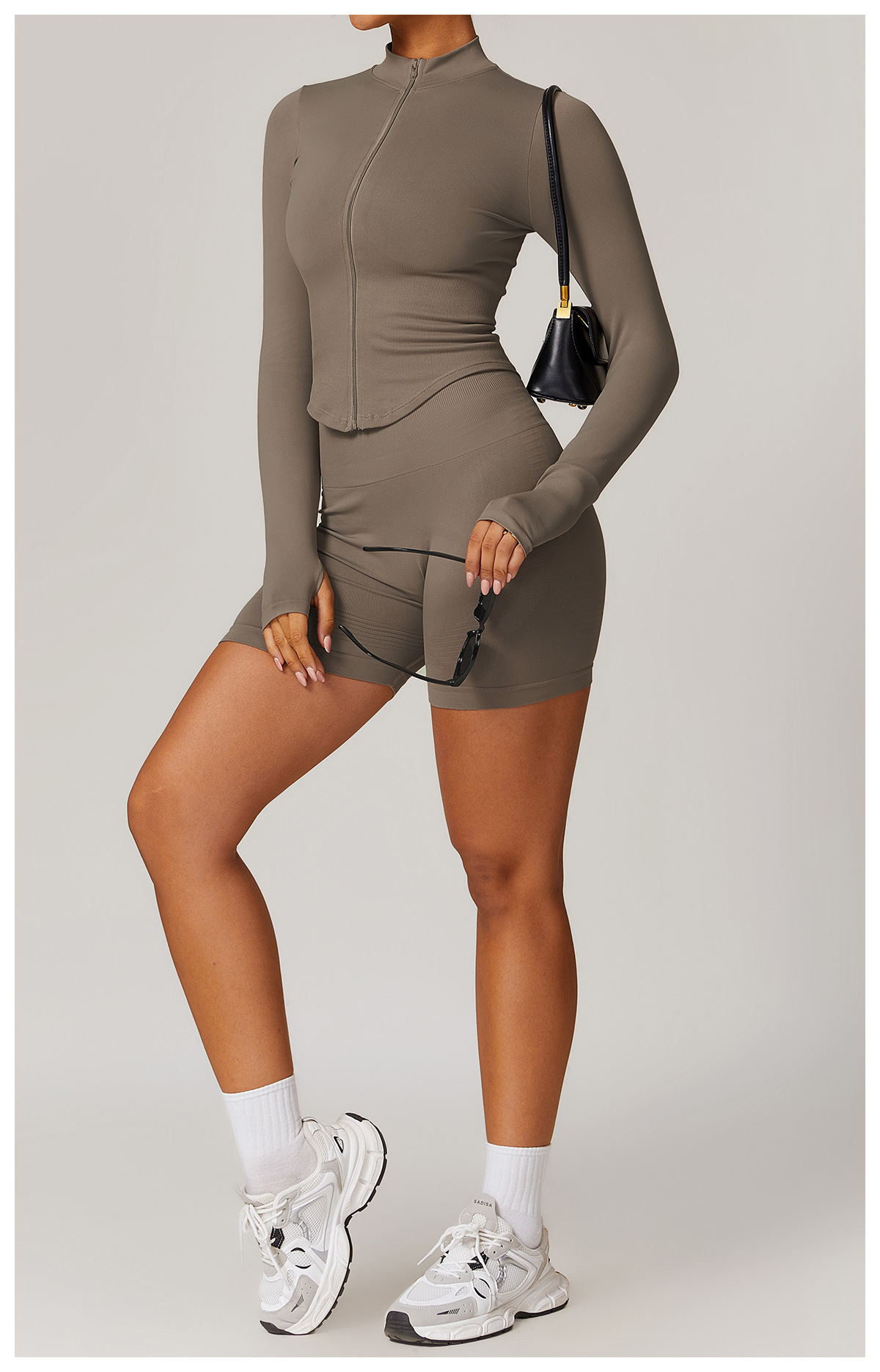 Seamless Knit Long - Sleeve Top & Shorts Yoga Set