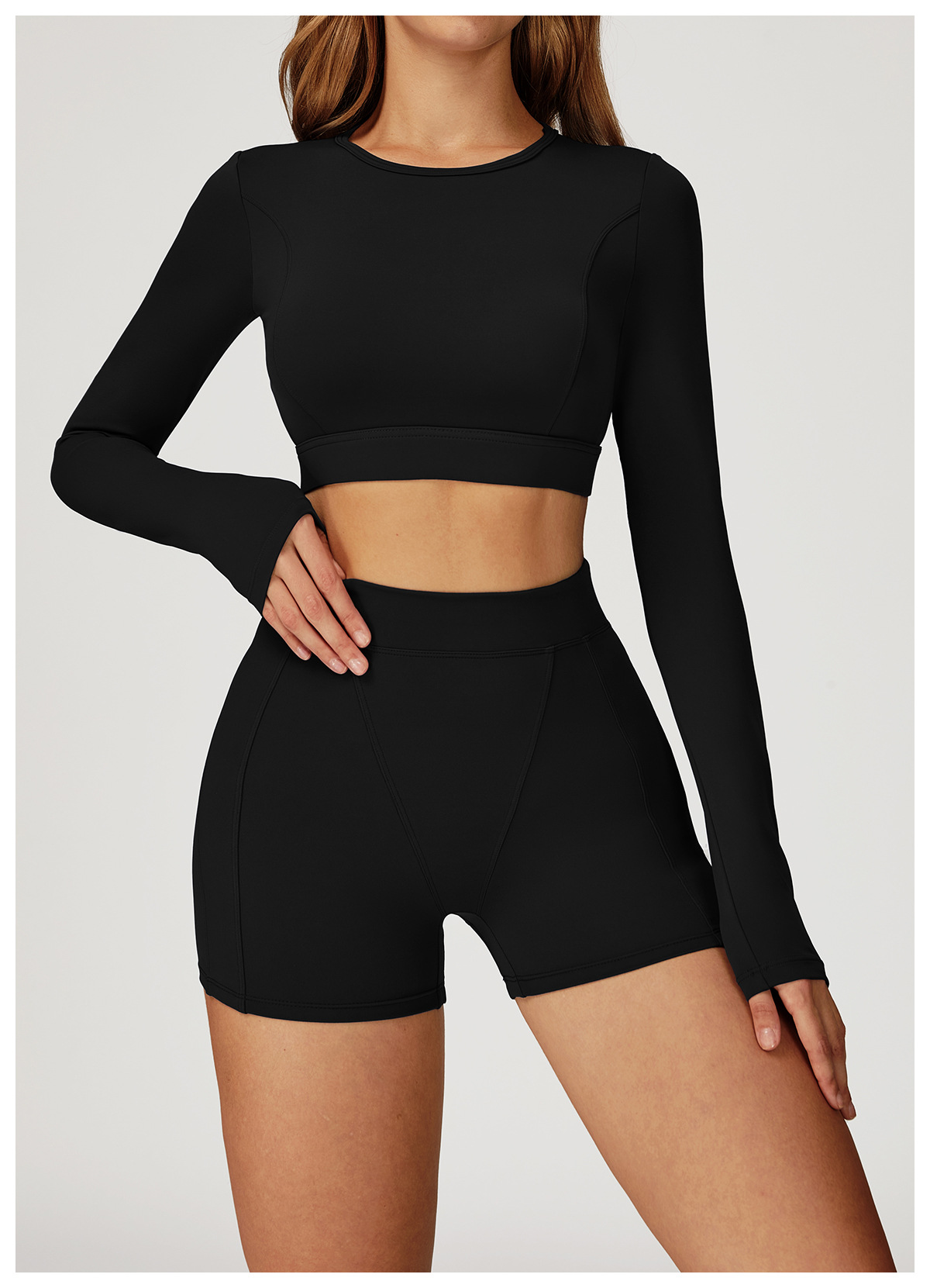 Long - Sleeve Crop Top & Shorts Yoga Set