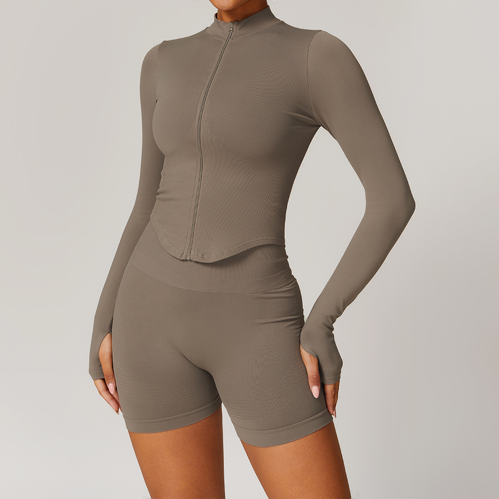 Seamless Knit Long - Sleeve Top & Shorts Yoga Set