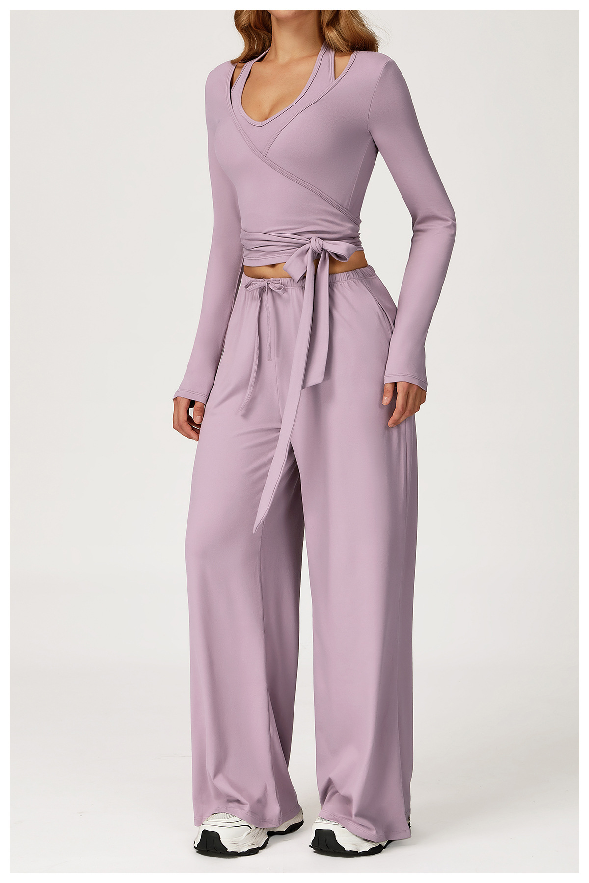 Wrap - Front Long - Sleeve Top & Wide - Leg Pants Set