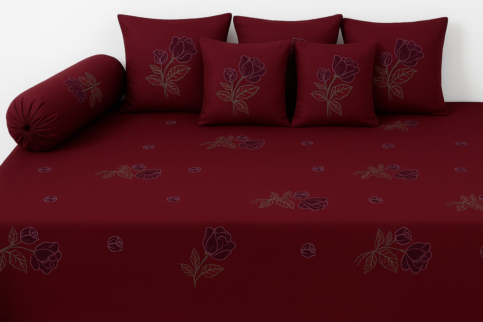 Floral Embroidered Maroon Diwan Set