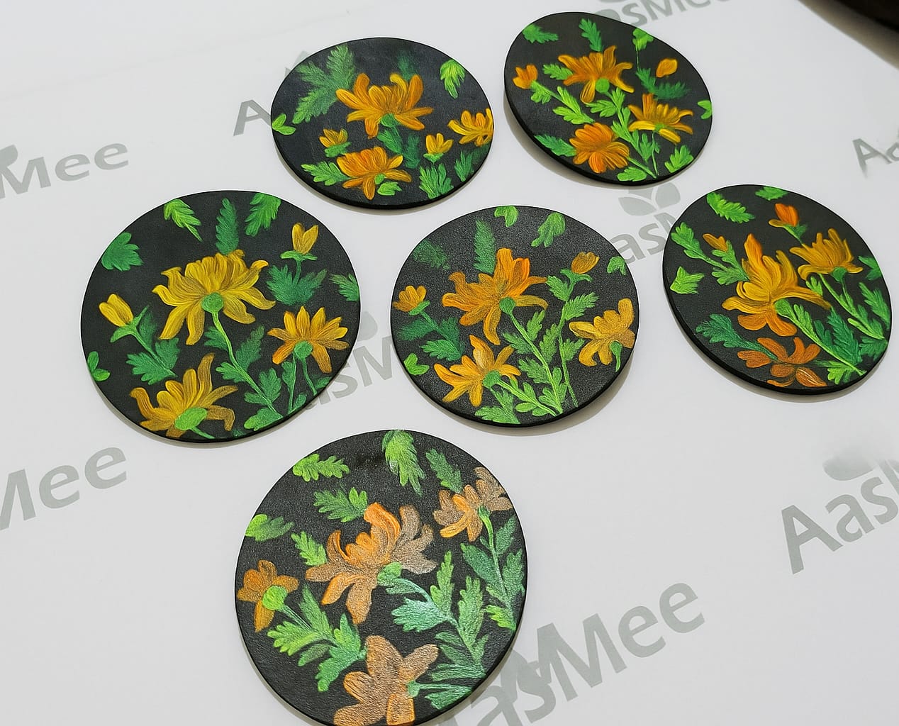 Hand-painted floral coasters set