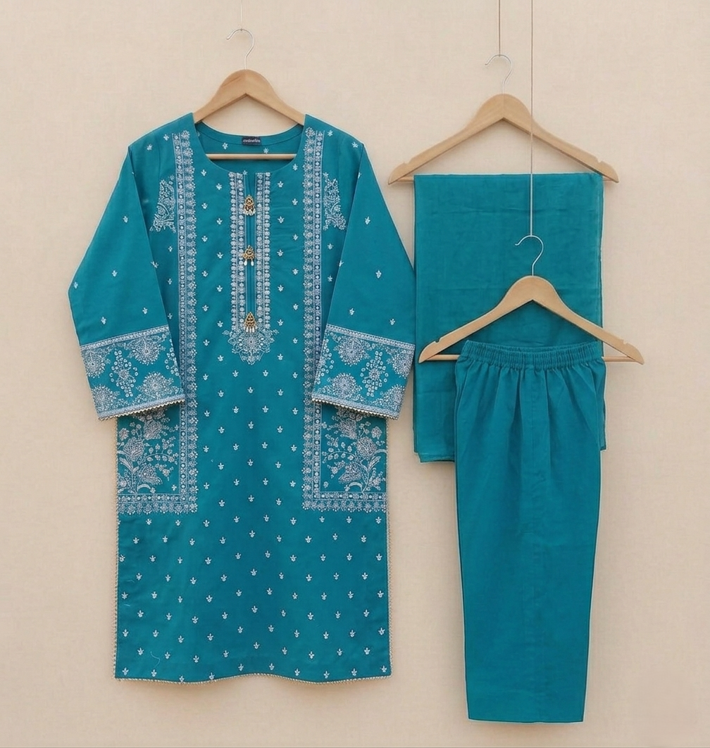 Teal ( Eastern Blue)Embroidered Cotton Suit