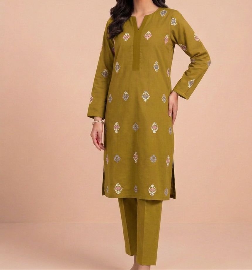 Chic mustard  Green Embroidered Suit 