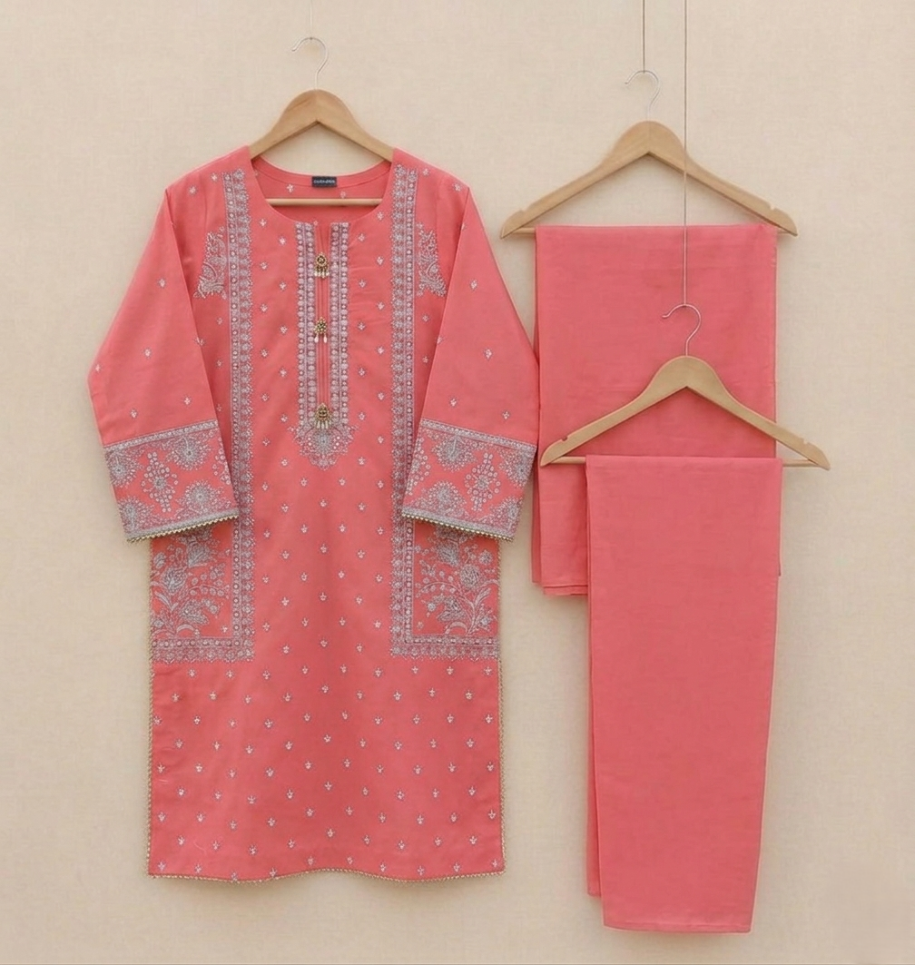 Salmon Pink Embroidered Cotton Suit