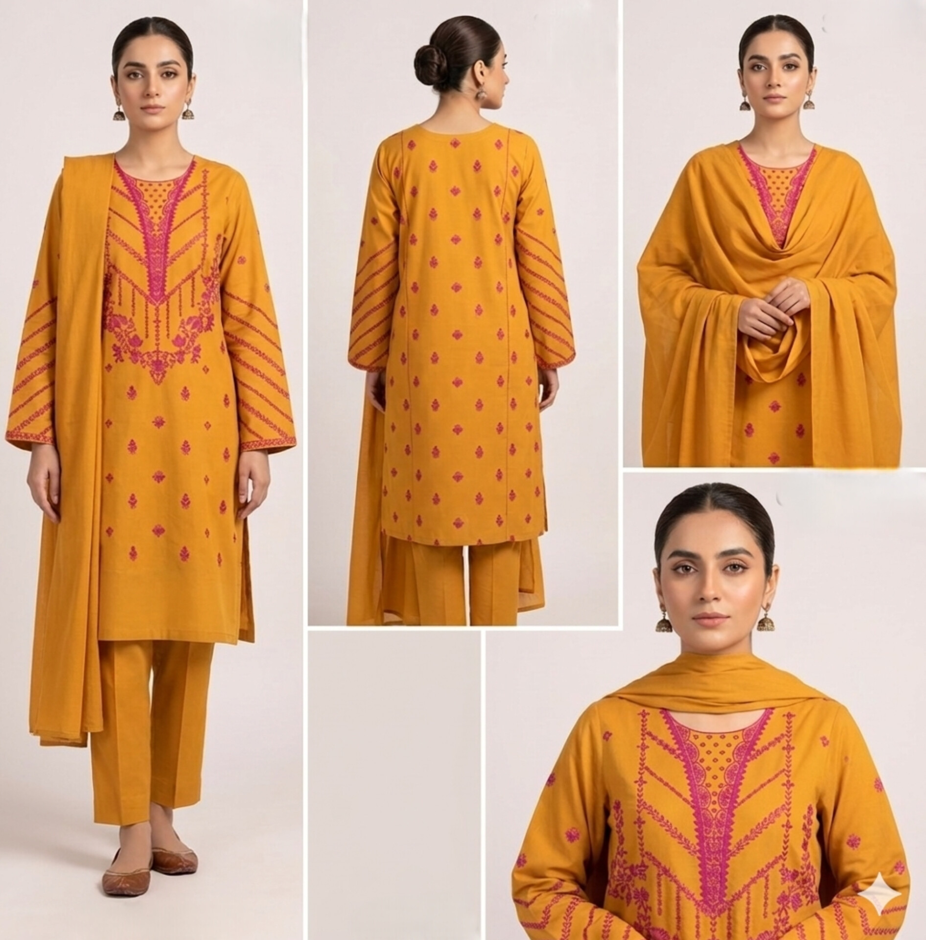 Mustard Embroidered Cotton 3 piece suit
