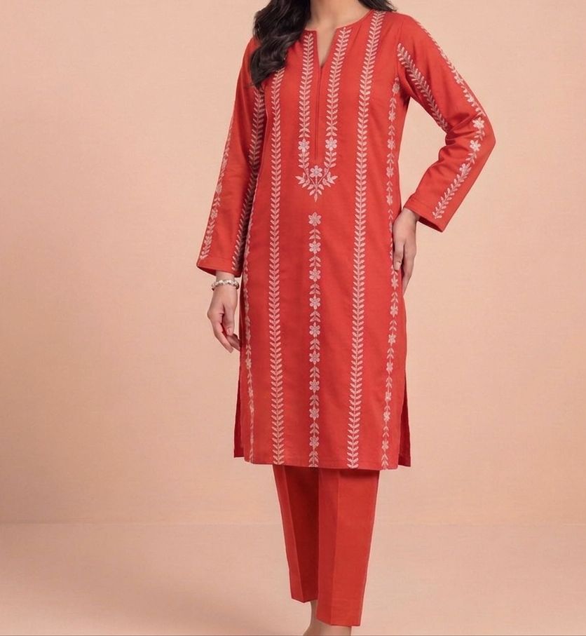 Mustered Orange Embroidered Suit