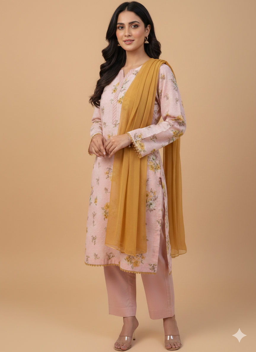 Pink Floral Printed Kurti Set