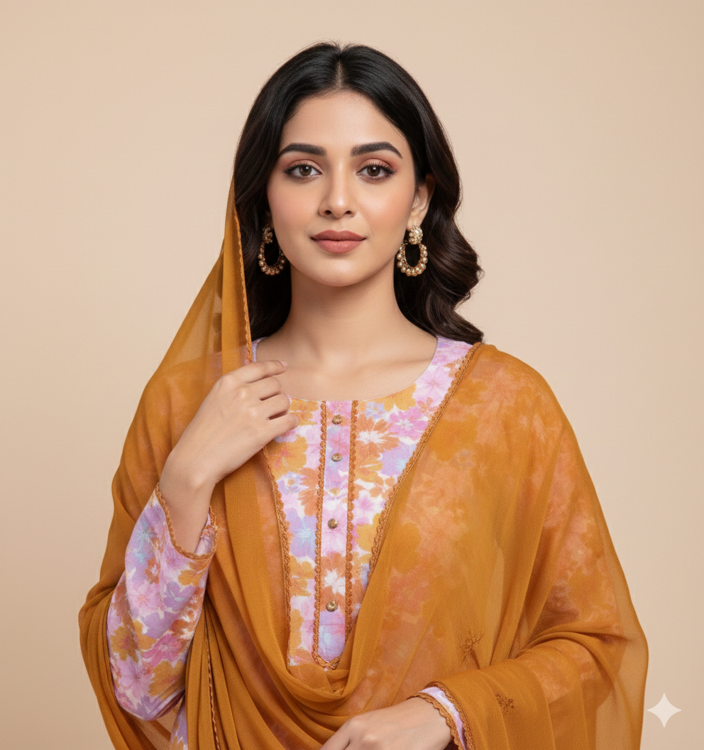 Purple-Floral Printed 3-Piece Suit