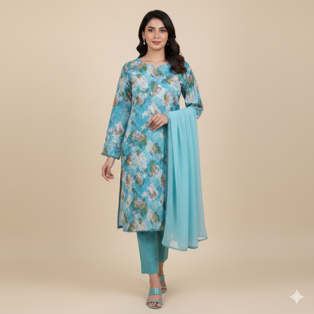 Blue Floral Print Lawn Suit