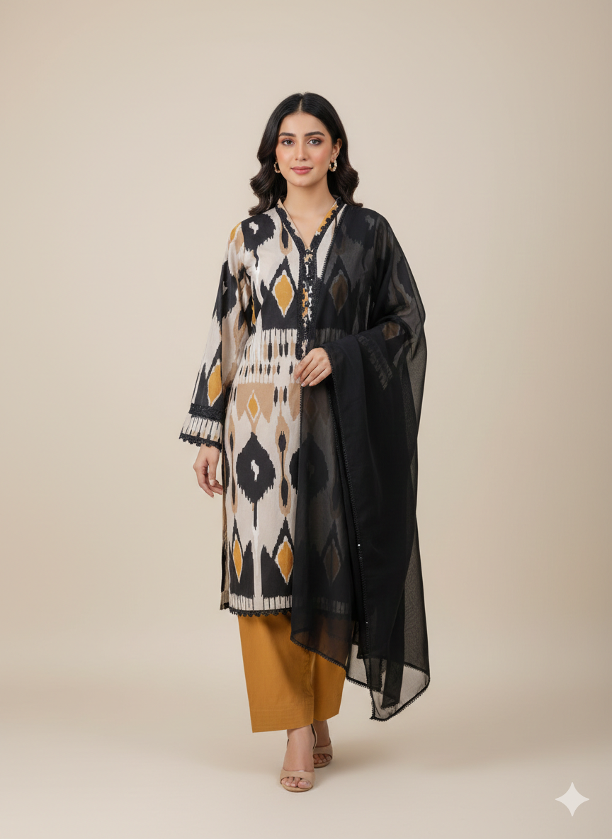 Black Ikat Printed 3-Piece Suit