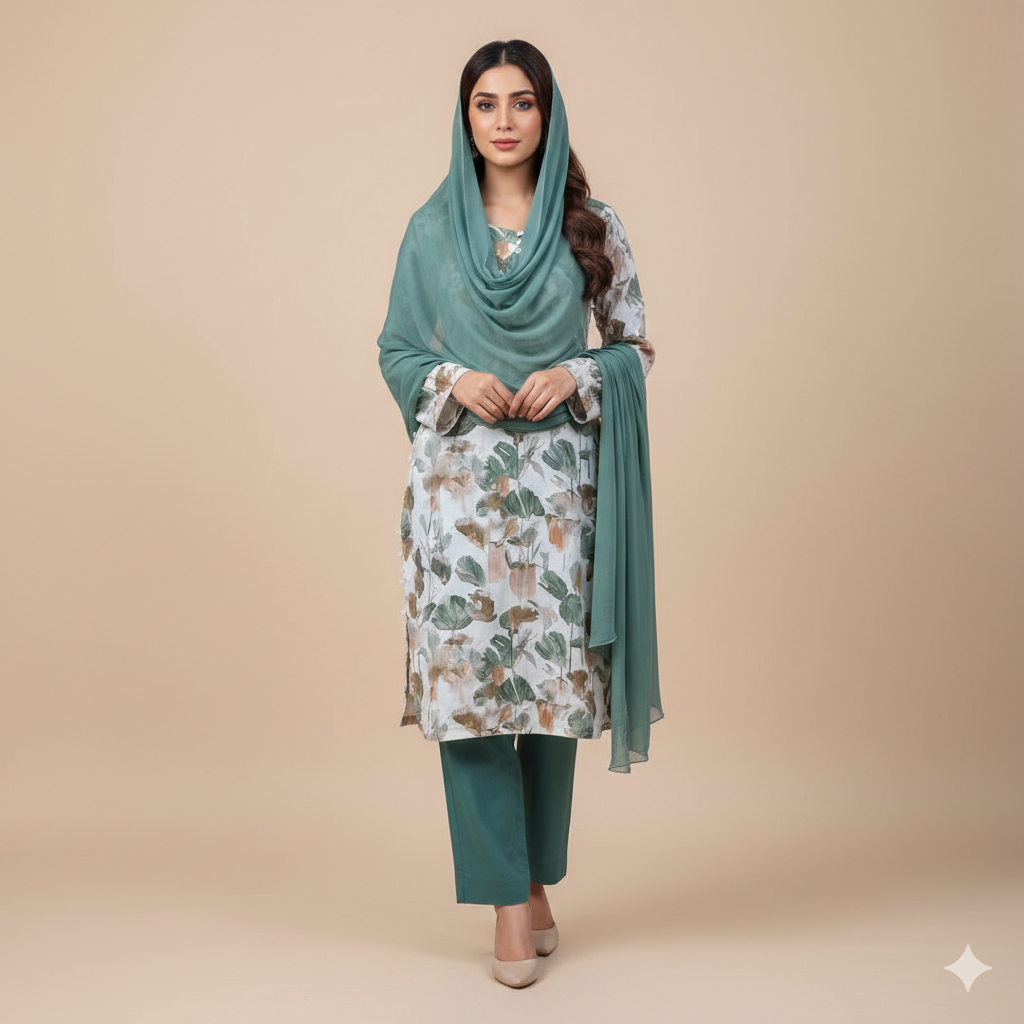 Green-Floral Print Shalwar Kameez Set