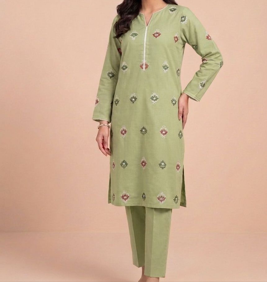 Embroidered Green Cotton Suit