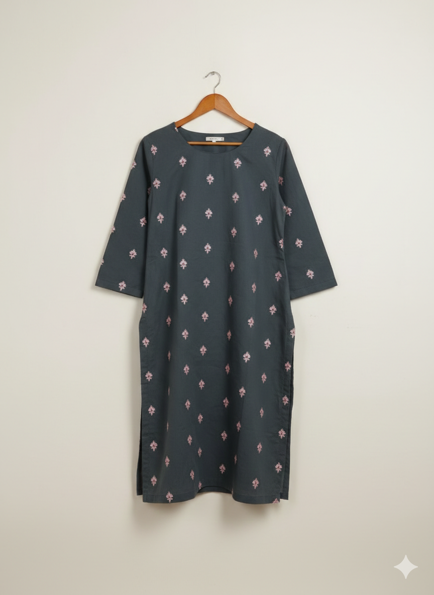 Grey Floral Embriodered Kurti