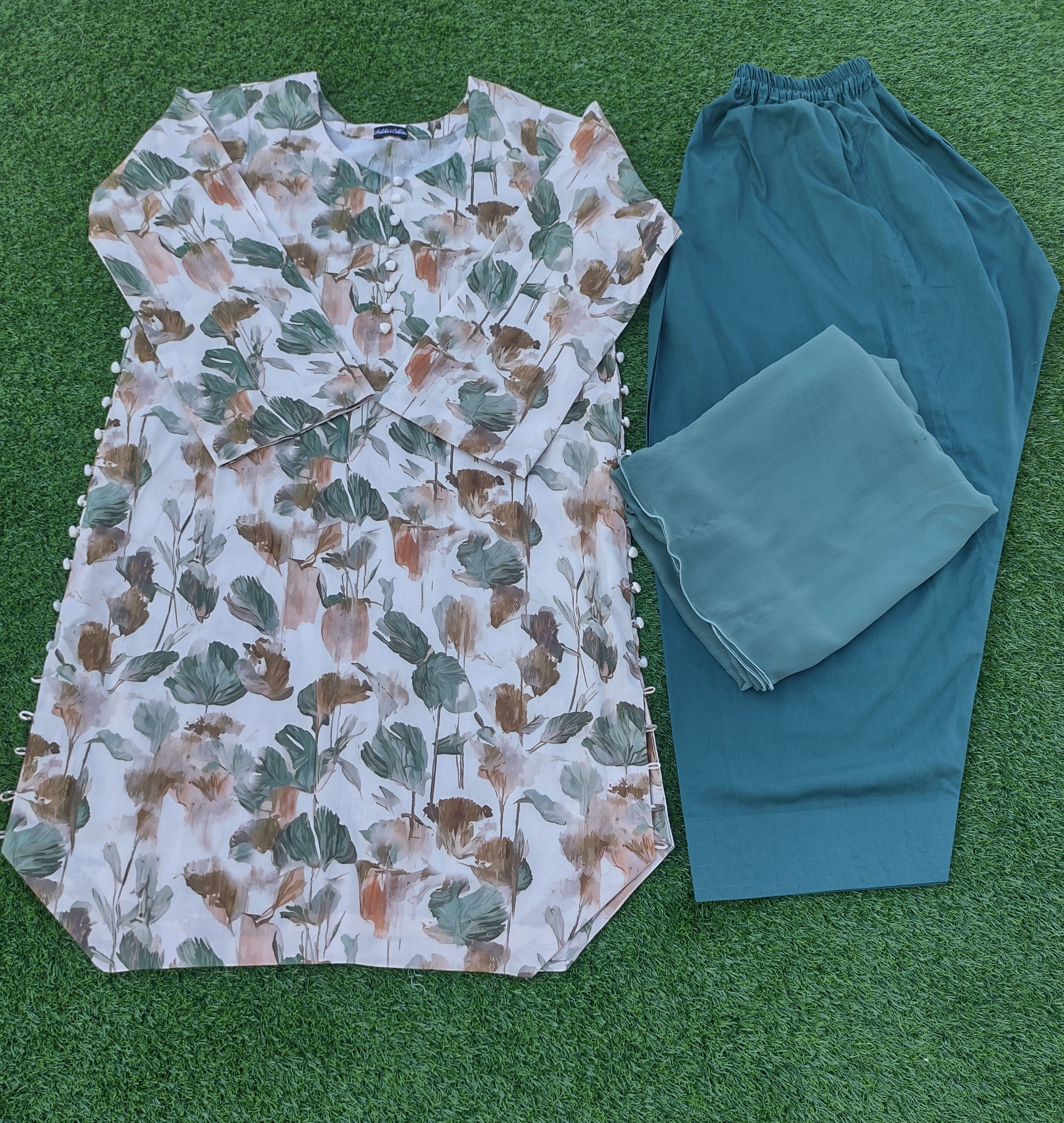 Green-Floral Print Shalwar Kameez Set