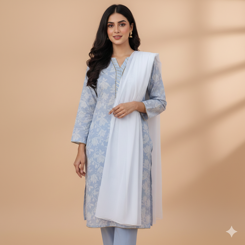 Blue Floral Lawn Suit