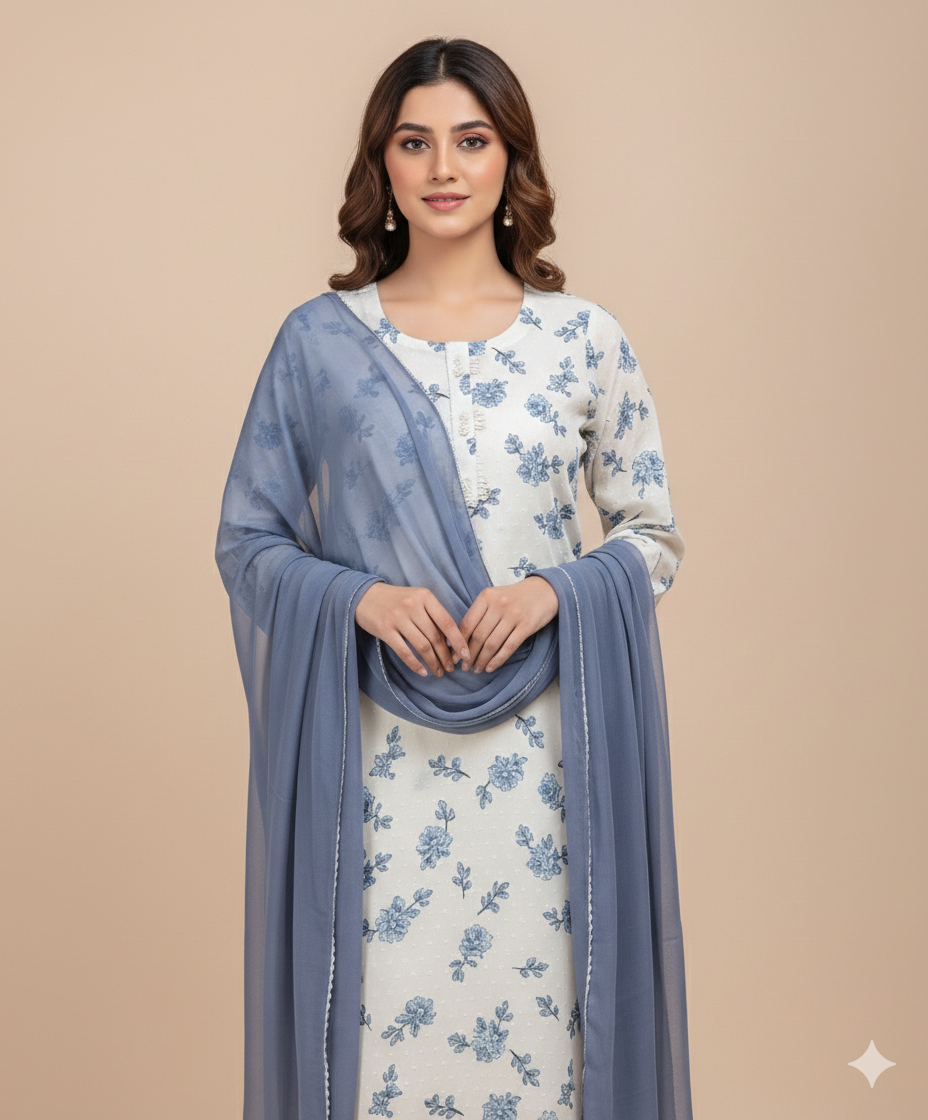 Grey Floral Printed Lawn Suit