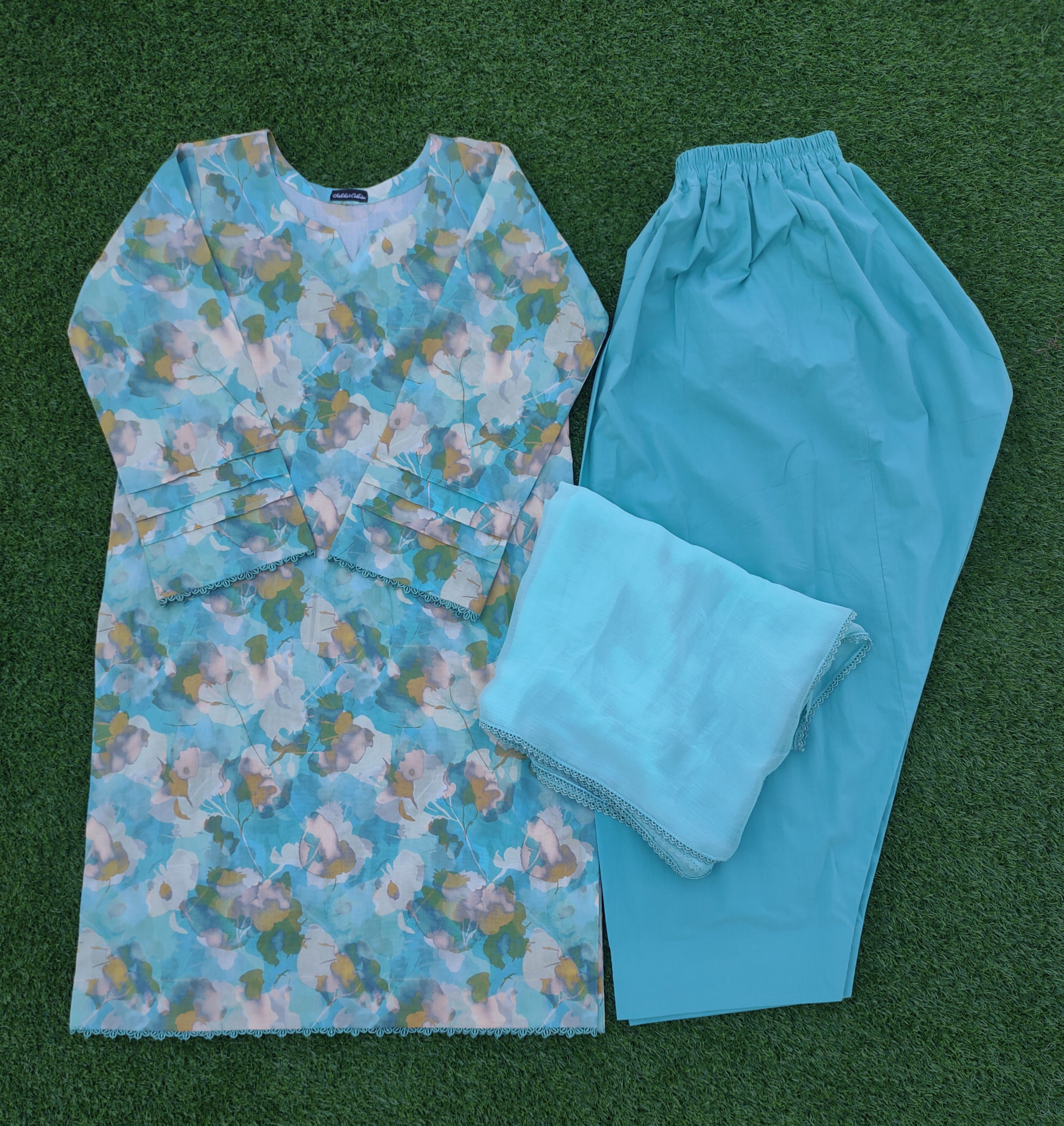 Blue Floral Print Lawn Suit