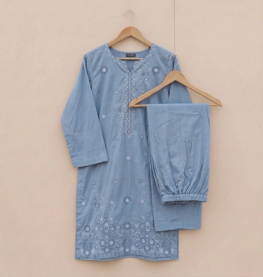Greyish Blue Embroidered Kurta set