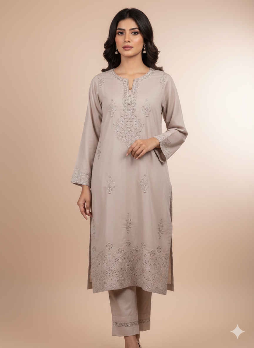 Elegant Beige Embroidered Kurti Set