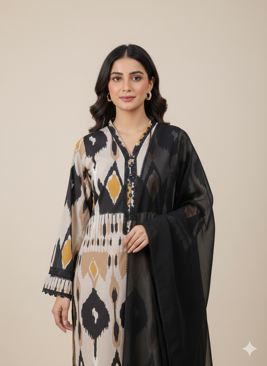Black Ikat Printed 3-Piece Suit