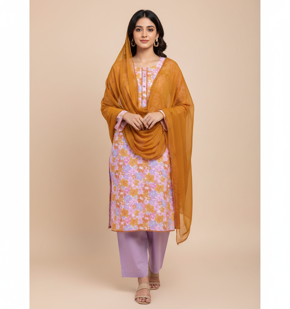 Purple-Floral Printed 3-Piece Suit