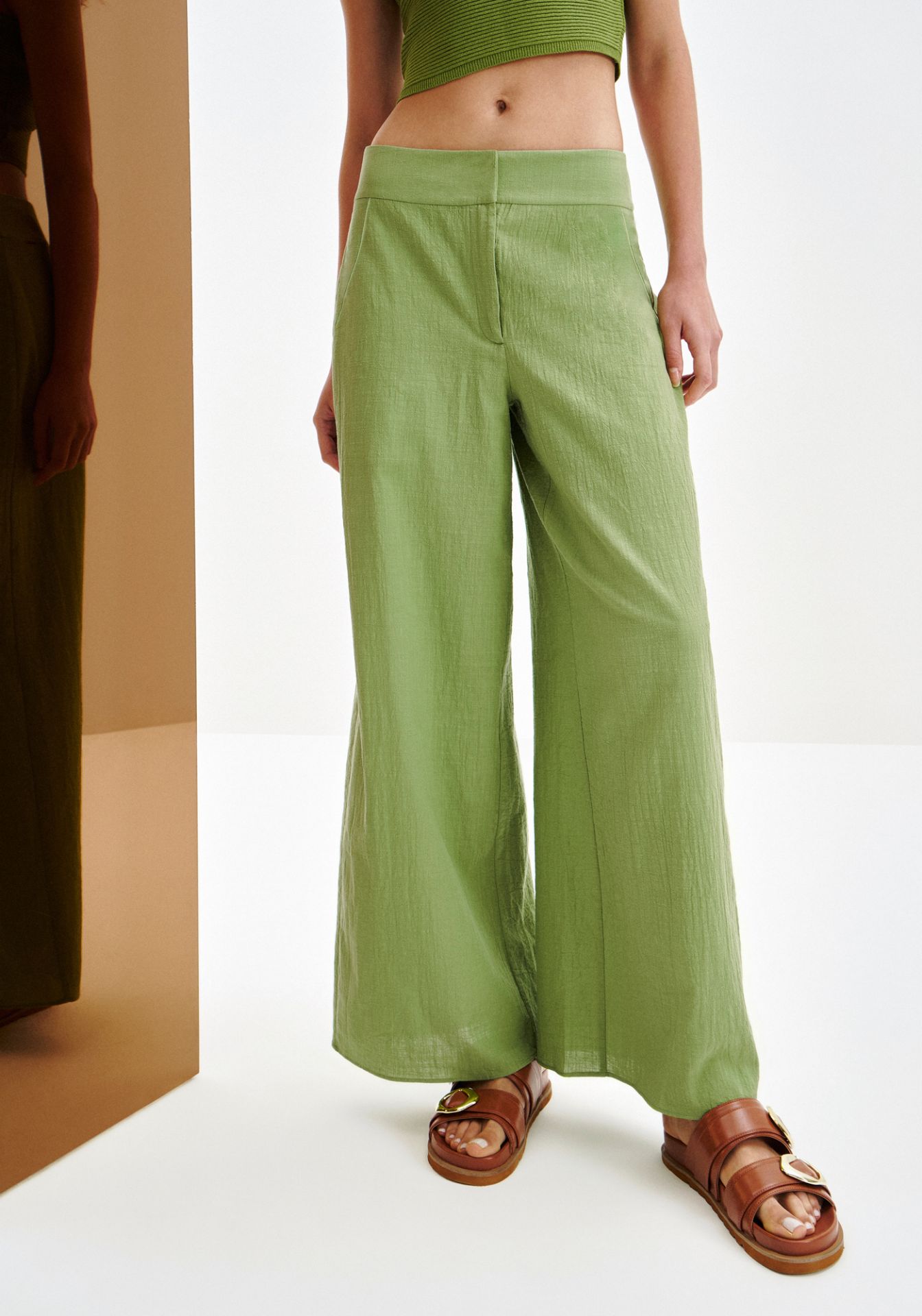Pantalón de lino mujer tiro alto y pierna ancha
