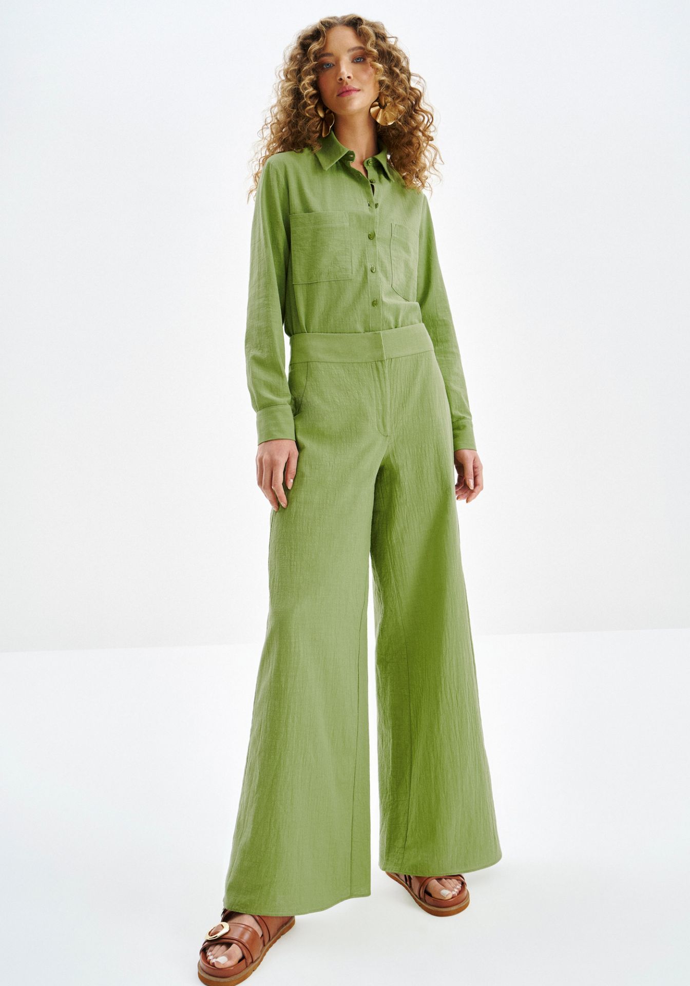 Pantalón de lino mujer tiro alto y pierna ancha