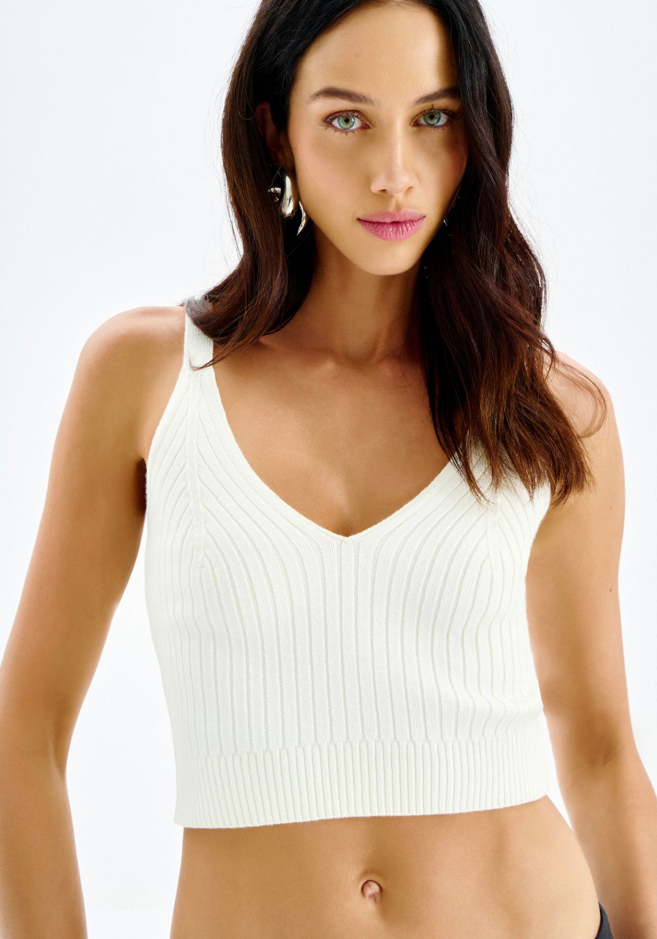Top Cropped de Punto Acanalado con Escote en V